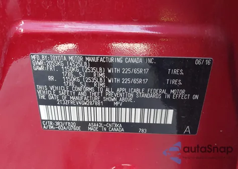 2016 Toyota Rav4 Le из США, поврежденный, VIN 2T3ZFREV4GW287881